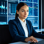 A professional woman in a modest business suit, fully clothed, seated at a desk in a futuristic, high-tech office. She is focused on a large, transparent digital display showing complex data analytics, AI algorithms, and digital marketing trends. The office environment is sleek, modern, and filled with subtle glowing interfaces, reflecting efficiency and innovation. Perfect anatomy, correct proportions, natural pose, well-formed hands, proper finger count, natural body proportions. High-quality professional photography, safe for work, appropriate content, family-friendly, appropriate attire.