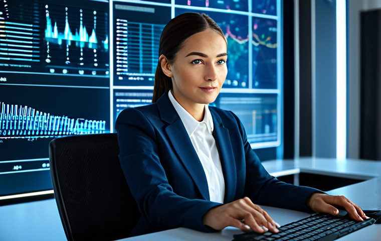 A professional woman in a modest business suit, fully clothed, seated at a desk in a futuristic, high-tech office. She is focused on a large, transparent digital display showing complex data analytics, AI algorithms, and digital marketing trends. The office environment is sleek, modern, and filled with subtle glowing interfaces, reflecting efficiency and innovation. Perfect anatomy, correct proportions, natural pose, well-formed hands, proper finger count, natural body proportions. High-quality professional photography, safe for work, appropriate content, family-friendly, appropriate attire.