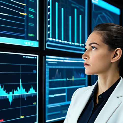 Home 7 A professional female cyber security analyst, fully clothed in a modest business suit, is intently monitoring multiple holographic screens displaying complex data visualizations and abstract network security alerts. She is in a sleek, modern server control room with futuristic digital interfaces in the background. The scene emphasizes proactive defense and expert oversight. Safe for work, appropriate content, perfect anatomy, correct proportions, natural pose, well-formed hands, proper finger count, natural body proportions, professional photography, high quality.