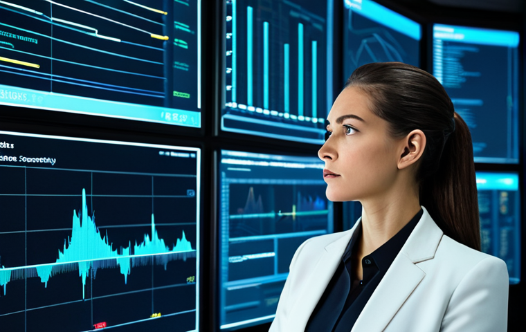 A professional female cyber security analyst, fully clothed in a modest business suit, is intently monitoring multiple holographic screens displaying complex data visualizations and abstract network security alerts. She is in a sleek, modern server control room with futuristic digital interfaces in the background. The scene emphasizes proactive defense and expert oversight. Safe for work, appropriate content, perfect anatomy, correct proportions, natural pose, well-formed hands, proper finger count, natural body proportions, professional photography, high quality.